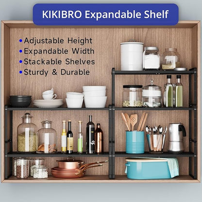 Expandable Kitchen Shelf Organizers, Kitchen Cabinet Organizer Stand Rack Organization for Countertop Cupborad Pantry, Black 1 Pack