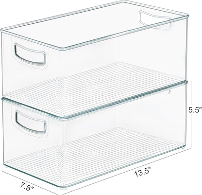Heyuzb 2 Pack Clear Freezer Organizer Bins Stackable Storage Bins with Side Handles for Kitchen Pantry Cabinet Organzation and Storage