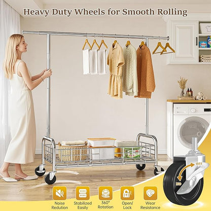 Raybee Heavy Duty Clothes Rack 485 LBS, Rolling Clothing Rack with Storage Basket and Sturdy Wheels, Clothing Racks for Hanging Clothes, Wardrobe Closet Rack for Bedroom, Boutiques, Laundry, Silver