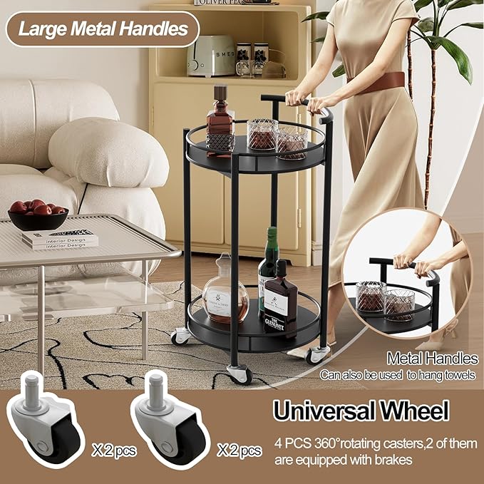 Bar Cart Black Rolling Cart for Home,2 Tiers Bar Serving Cart Round Wine Cart with Handle, Metal Wine Rack and Casters, Serving Bar Trolley for Home Kitchen,Living Room,Christmas,New Year