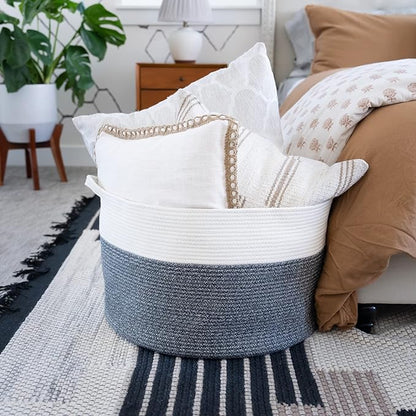 Little Hippo XXL Cotton Rope Basket, 100% Natural! Large Baby Gift Basket, White & Dark Gray