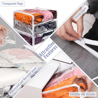 6 Packs Clear Zippered Storage Bags Sweater Moth Bags Plastic Storage for Blankets Clothes Bed Sheet Organizer with Zipper for Closet Linen Sweater Bed Sheet Clothes Pillow(16 x 14 x 4 Inch)