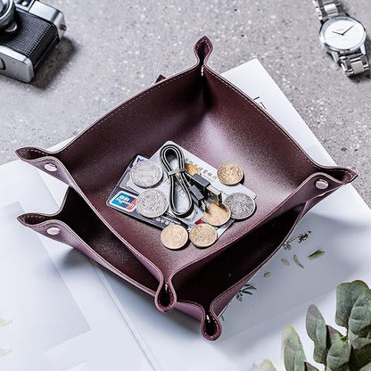 SANQIANWAN Leather Jewelry Valet Tray for Women and Man, Portable Entryway Table Tray Bedside Nightstand Desk Tray Small Catchall Travel Dish Plate for Key,Wallet,Watch,Coin(8x8, Deep Brown-B)