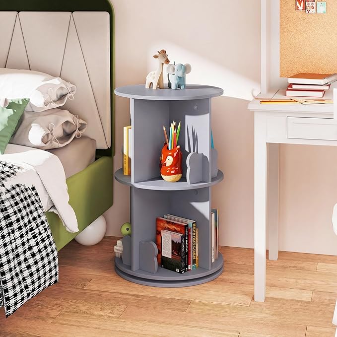 Costzon Kids Rotating Bookshelf, 2 Tier Small Book Shelf with Bookends, 360° Display Spinning Bookshelf Tower, Corner Bookshelf for Small Space, Kids Room, Bedroom, Nursery (Grey)