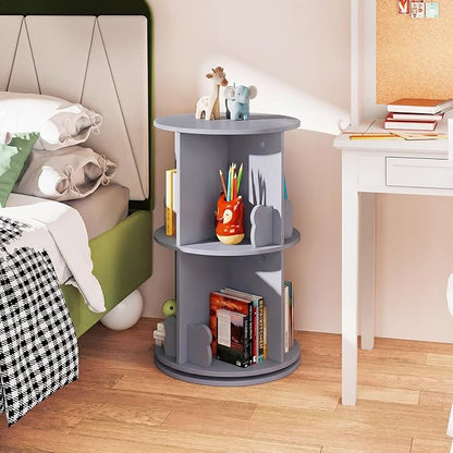 Costzon Kids Rotating Bookshelf, 2 Tier Small Book Shelf with Bookends, 360° Display Spinning Bookshelf Tower, Corner Bookshelf for Small Space, Kids Room, Bedroom, Nursery (Grey)