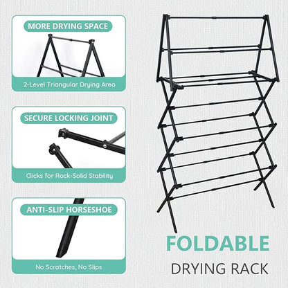 4 Tier Clothes Drying Rack Foldable | Foldable Clothing Drying Rack | Laundry Drying Rack Collapsible for Laundry Room, Dorm, Expandable Sturdy Metal Design | Black 29"L x 11.5"W x 53"H