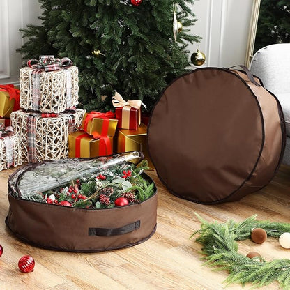 4 Pack Wreath Storage Container, 24 Inch Christmas Wreath Storage Box with Clear Window and Handles Upgrade Oxford Cloth Garland Bags with Dual Zipper for Xmas Wrapping, Brown