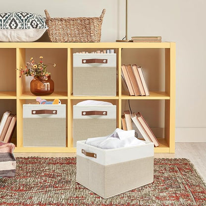 4 Pack Fabric Storage Baskets for Shelves, Closet Storage Bins for Shelves, Fabric Baskets for Organizing with Handles for Home and Office (White with Beige,15"L*10.2"W*9"H)