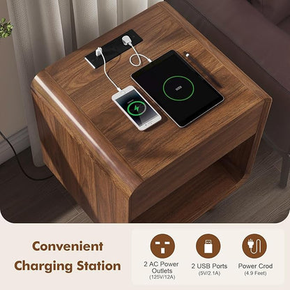 Nasonet Mid Century Modern Nightstands Set of 2 with Charging Station, Small Nightstand with Drawers, Curved Wood End Table Bedside Table for Bedroom, Walnut