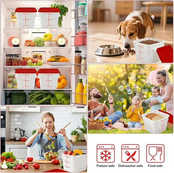 WELKOR Square Food Containers with Lids 4-Pack, Commercial Grade Airtight Plastic Bins for Restaurant Kitchen Pantry Storage, Freezer & Dishwasher Safe (Red, 6QT-4PACK)
