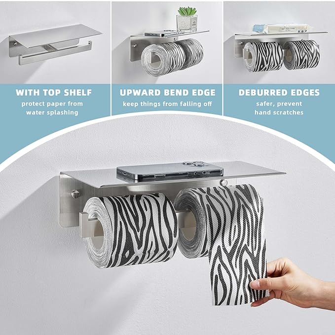 Suyar Double Toilet Paper Holder with Shelf, SUS 304 Stainless Steel Toilet Tissue Roll Holder, Brushed Nickel