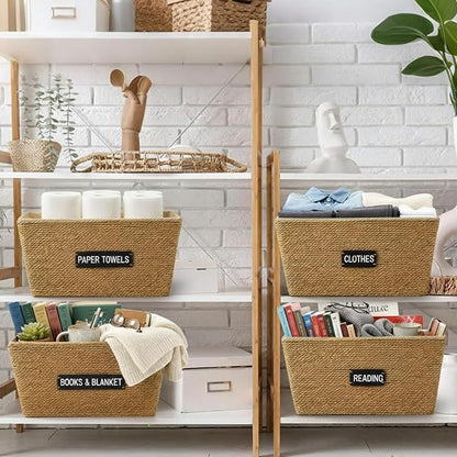 4 Pack 12 Inch Recycled Wicker Storage Basket with Labels and Handles Woven Storage Bins with Label Wicker Snack Basket Paper Rope Organizer Baskets Bins for Kitchen Office