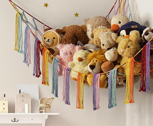 Stuffed Animal Hammock Corner with LED Light - Toy Storage Hammock Plushie Net Large - Cute Stuff Animals Holder Hanging Organizer - Baby Room Rainbow Decor Kids Toddler Nursery Bedroom