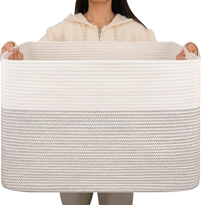 OIAHOMY 108L Extra Large Blanket Basket, 25”x16”x16” Laundry Basket, Blanket Storage for Living Room, Dog Toy Storage with Handle - Black & White