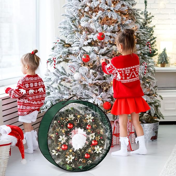 4 Pcs Christmas Wreath Storage Bag, Christmas Garland Storage Container with Clear Window, Zipper & Handle for Xmas Holiday Seasonal Wreath Garland Box(Green,30")
