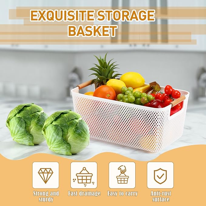 Tioncy 4 Pcs White Mesh Baskets with Wooden Handles Plastic Storage Organizer Baskets Pantry Basket Fruit Vegetables Gathering Basket Bin for Organizing Cabinet Closet Bedroom Kitchen(Large)