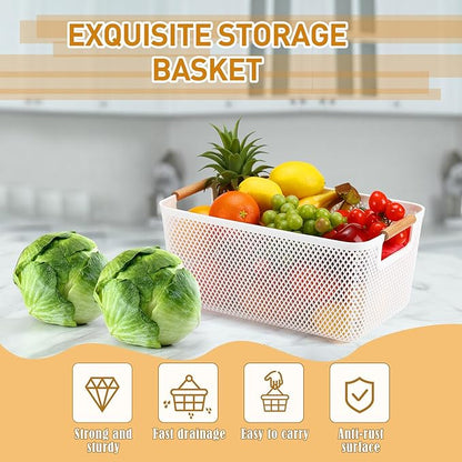 Tioncy 4 Pcs White Mesh Baskets with Wooden Handles Plastic Storage Organizer Baskets Pantry Basket Fruit Vegetables Gathering Basket Bin for Organizing Cabinet Closet Bedroom Kitchen(Large)