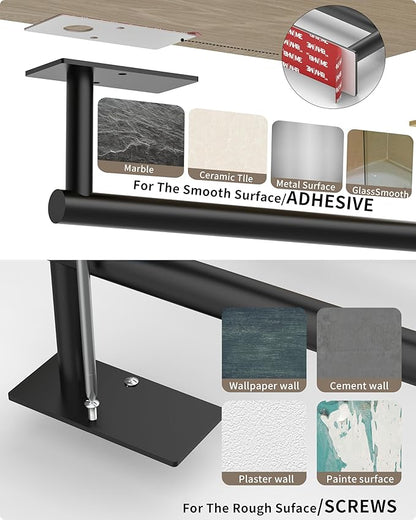 Paper Towel Holder Under Cabinet, Self Adhesive or Wall Mounted SUS304 Stainless Steel Paper Towel Holder for Kitchen, Bathroom(2 Towel Hooks, Matte Black)