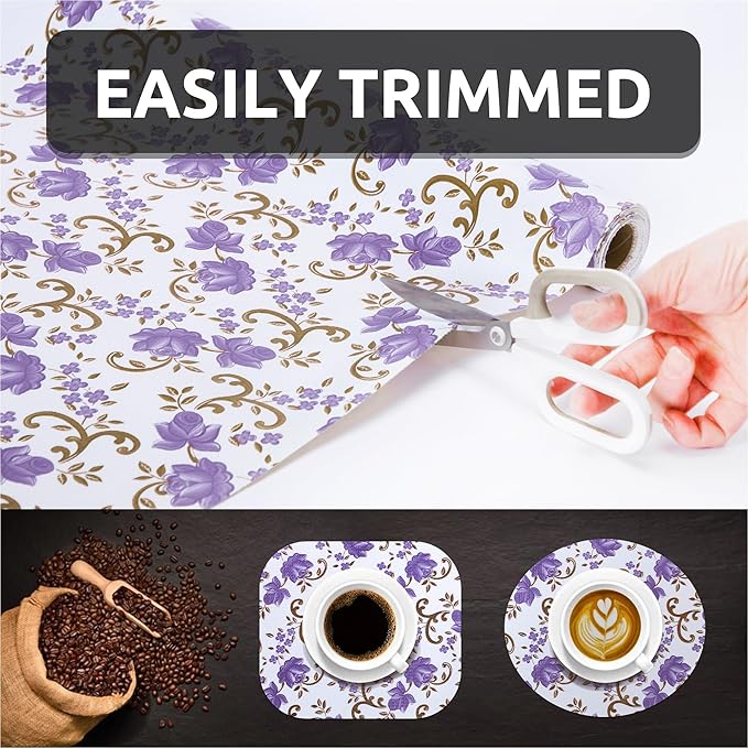 18X96 Inch Shelf Liner for Kitchen Cabinets, PVC Drawer Liner for Dresser Non-Slip Bathroom, Non-Adhesive Cabinet Liner Washable (Purple Floral)(2 Roll)