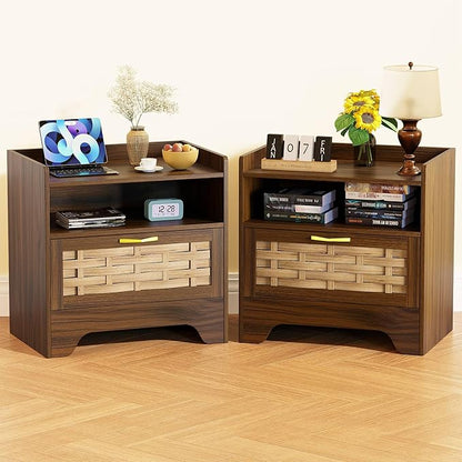HOCAT 24" Rattan Nightstand Set of 2, Walnut Bedside Table with Semi Open Cubby, Boho Night Stand with Farmhouse Arched Base for Bedroom, Side Table, End Table for Dorm