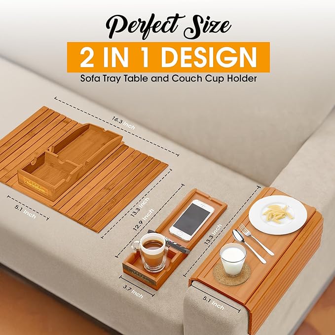 Couch Cup Holder Tray with 2 Cork Coasters, Couch Caddy, Anti-Slip Foldable Armrest Sofa Tray, Couch Armrest Table, Anti-Spill Holder for Remote, Snacks, Cellphone - Ideal Gift (Mahogany)