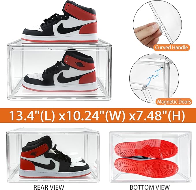 1 Pack Clear Shoe Box, Acrylic Sneaker Display Case Size 12.5, Transparent Storage Box with Magnetic Door, Showcase for Cosmetic, Displays, Action Figures Collectibles, Size 12.5 for Men Women Shoes