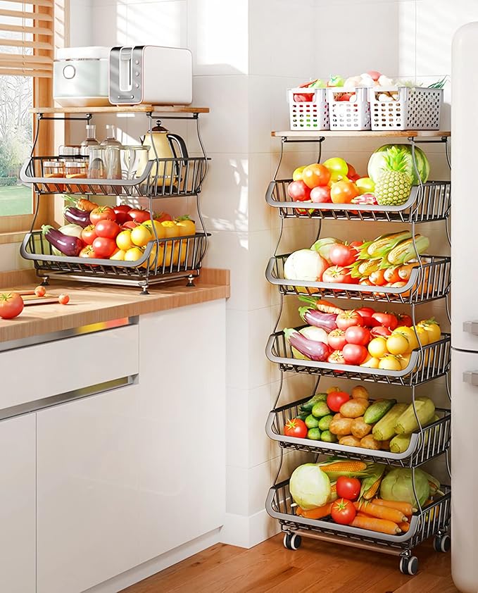 MURRI&MURRDI Fruit Vegetable Storage Basket with Wooden Lid, 6 Tier Stackable Wire Kitchen Cart with Wheels, Tall Produce Snack Racks Display, Narrow Rolling Cart for Pantry Onion Potato, Black