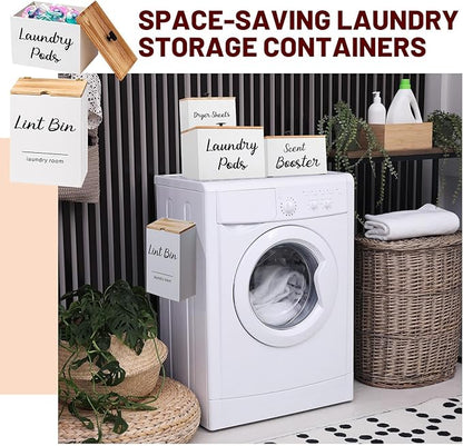 Dandat 4 Pcs Laundry Room Organization and Storage, Dryer Sheet Holder Laundry Pod Holder Scent Booster Container Magnetic Lint Bin with Scoop and Brush Wood Farmhouse Room Container(White)