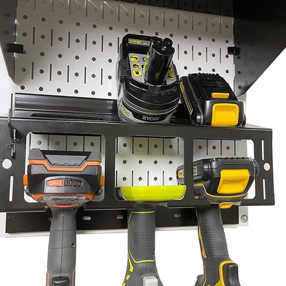 Wall Control Power Tool Storage Organizer Kit Cordless Drill Holder Charging Station Rack 16” x 32” Metal Pegboard Organization System (Beige Pegboard)