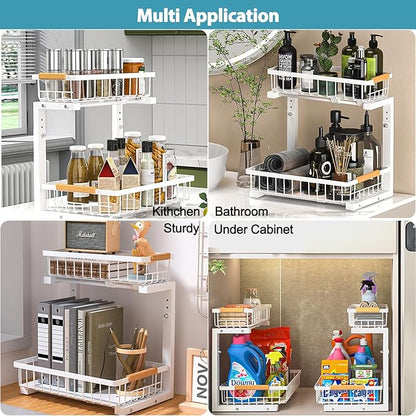 Under Sink Organizer 2 Pack, 2 Tier Slide Out Large Capacity Height Adjustable Under Sink Organizers and Storage for Kitchen Bathroom Cabinet, White