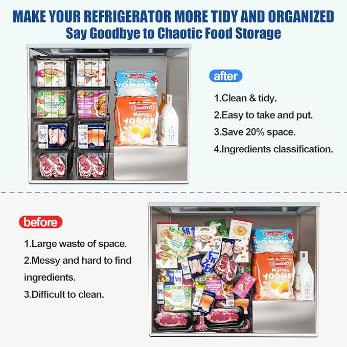 Stnopw 4Pcs Freezer Organizer Bins,Stackable Freezer Storage Containers,Deep Freezer Organizer Bins Effectively Classify Food,Foldable Side Handles freezer organizer bins for Extra Storage Space