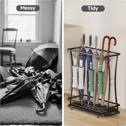 tonchean Metal Umbrella Holder Entryway with Removable Drip Tray,Umbrella Stand with 24 Hooks and 21-Slots,Umbrella Rack Storage for Indoor Outdoor Home Office Entryway(Black)