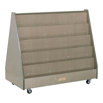 ECR4Kids Double-Sided Wooden Mobile Book Display and Storage, Montessori Furniture, Grey Wash