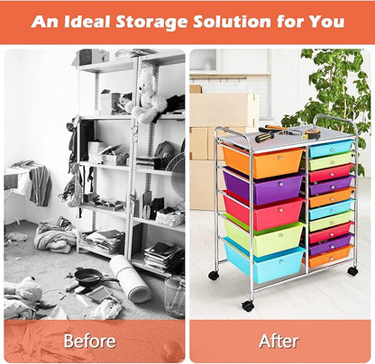 KOTEK 15-Drawer Rolling Storage Cart, Multipurpose Mobile Utility Cart with 4 Wheels, Home Office School Tools Scrapbook Paper Organizer (Multicolor-Combo2)
