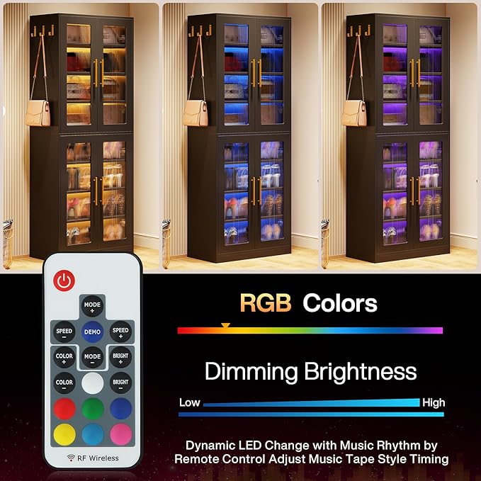 Tribesigns Black Shoe Storage Cabinet with Acrylic Doors and LED Lights, 8-Tier Tall Entryway Shoe Organizer Rack with Adjustable Shelves & Hanging Hooks for Narrow Closet, Hallway, Living Room