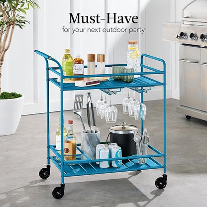 Best Choice Products Rolling Bar Cart, Mobile Home Bar Serving Cart, Serving Station w/ 2 Tier Shelves, Wine Rack, Lockable Wheels - Peacock