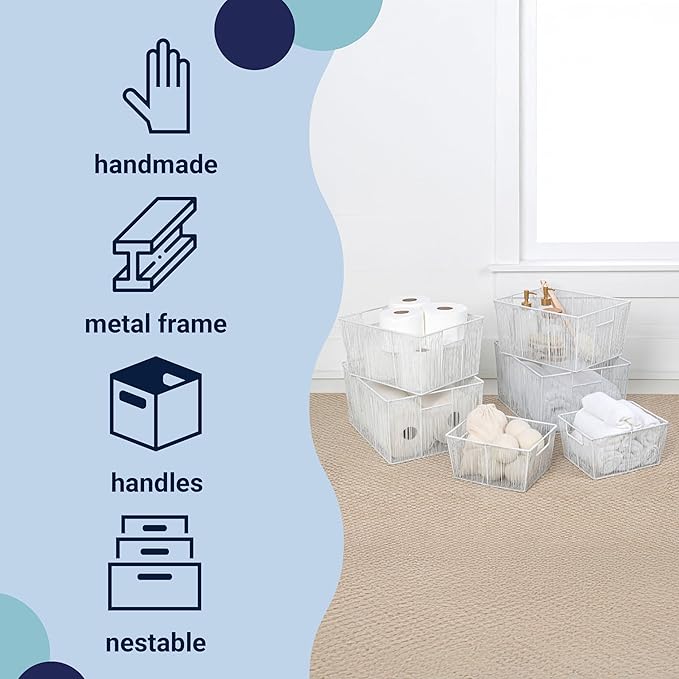 happimess BSK3000B-6SET Sutton Modern Glam Nesting Wire Metal Storage Baskets for Shelves, Cabinets, Pantry, Countertop, Mesh Open Bin Basket for Organizing Supplies, White (Set of 6)