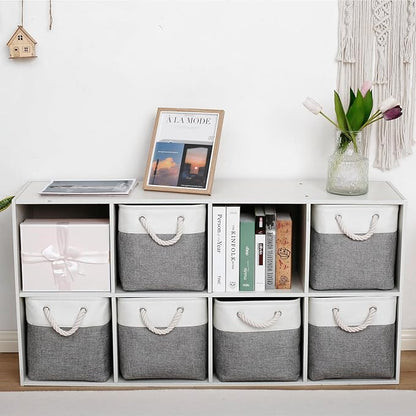 13 x 13 Inch Storage Cubes,6 Pack Cube Storage Bins for Shelves，Fabric Collapsible Storage Bins with Handles, Foldable Storage Basket for Organizing Clothes, Toys, Books (White&Gray)