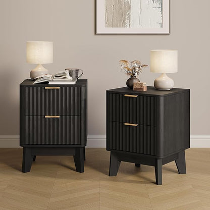 TROJM Fluted Nightstand Set of 2, Modern End Table with Metal Handle,2 Storage Drawers Side Table,Bedside Table for Bedroom,Wood Nightstands,Curved Profile Design Furnitue, Black