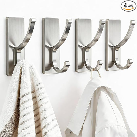 pickpiff Adhesive Wall Hooks with Strip - No Residue, Easy to Remove, Strong Heavy Duty Sticky Towel Hook, 4 Pack Silver