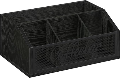YINMIT Coffee Station Organizer for Countertop, Wood Coffee Bar Organizer with Removable Dividers for Pods, Syrup, Cups, Stirrer, Tea - Office Bar Accessories, Black