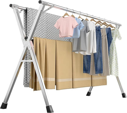 63 Inches Heavy - Duty Stainless Steel Folding Clothes Drying Rack Clothing Indoor Outdoor Anti-Rust 20 Windproof Hooks Portable & Foldable Laundry Rack (63'')