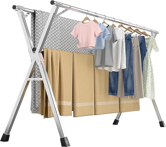 63 Inches Heavy - Duty Stainless Steel Folding Clothes Drying Rack Clothing Indoor Outdoor Anti-Rust 20 Windproof Hooks Portable & Foldable Laundry Rack (63'')