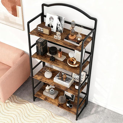 JSB No Assembly Folding Bookshelf, 4 Tier Book Shelf for Storage, Vintage Wood Foldable Bookcase for Living Room, Bedroom, Office Organization Shelves