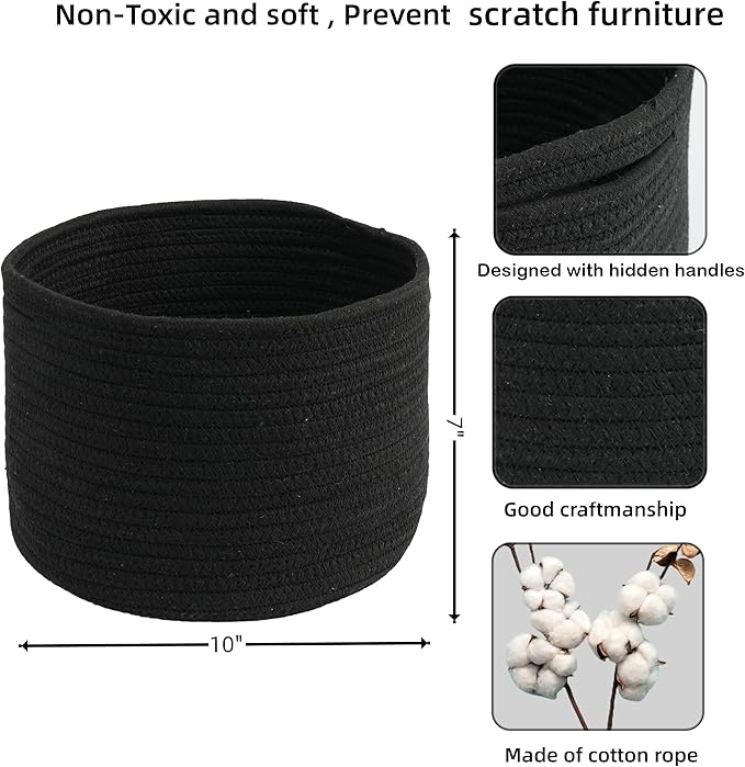 Woven Cotton Storage Baskets - 3-Pack Round Bins (10x10x7'') for Shelves, Closets & Bookcases | Durable Rope Organizers for Nursery, Baby, Toys, Easter & More (black)