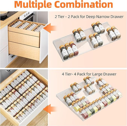PanPanPal 8 Packs Spice Drawer Organizer, 2-Tier Acrylic Drawer Seasoning Organizer, Expandable From 11'' to 22'' Kitchen Spice Rack Organizers and Storage for Drawer (Jars not included), Clear