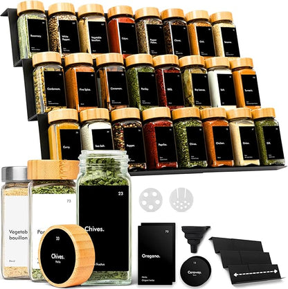 KIVY Drawer Spice Organizer + 24 Jars & 240 Labels - Seasoning Rack for Organization - Kitchen Drawer Insert for Spice Jars - Glass Seasoning Jars with Airtight Lids - Glass Spice Jars with Label