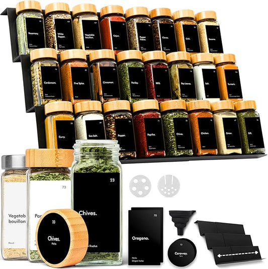 KIVY Drawer Spice Organizer + 24 Jars & 240 Labels - Seasoning Rack for Organization - Kitchen Drawer Insert for Spice Jars - Glass Seasoning Jars with Airtight Lids - Glass Spice Jars with Label