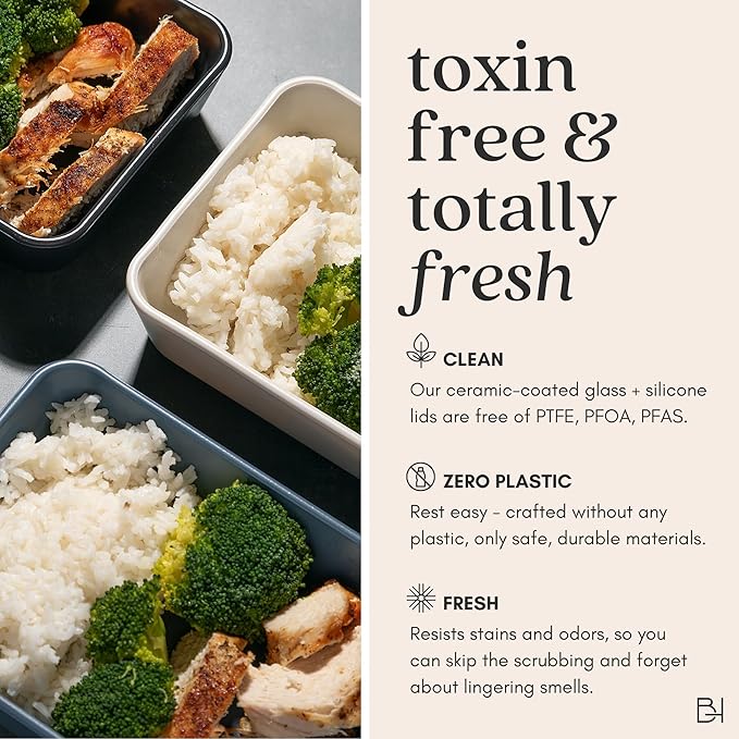 Ceramic Coated Glass Food Storage Container | No PTFE, PFOA, PFAS, and BPA | Reusable Non Toxic Meal Prep Container with Glass Lid | Easy To Store | 2.5 Cup Square [Willow]
