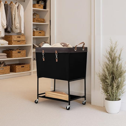 StorageWorks Laundry Cart, 2 Tier Rolling Laundry Basket, Heavy Duty Laundry Basket with Lockable Wheels, Laundry Room Organization and Storage, Clothes Hamper for Bedroom, Dorm, Closet, 29Gal, Black